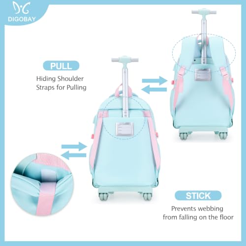 DIGOBAY Rolling Backpack for Girls with Lunch Bag & Pencil Case - color: Quamarine-pink