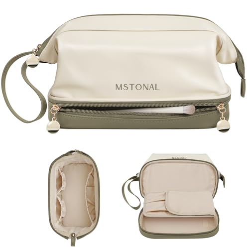 Travel Makeup Bag, Double Layer Cosmetic Bag for Women, Beige Olive - color: Beige & Olive Green, size: Large