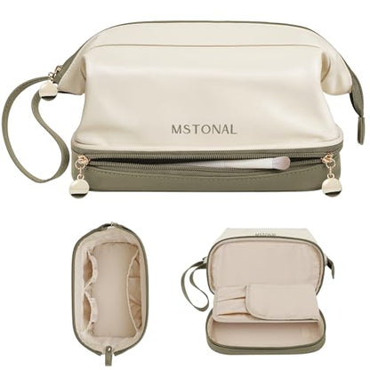 Travel Makeup Bag, Double Layer Cosmetic Bag for Women, Beige Olive - color: Beige & Olive Green, size: Large