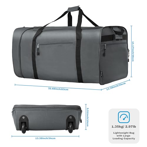 Finnhomy 100L Foldable Rolling Duffel Bag with 2 Wheels, Light Weight Travel Duffel bag with Large Loading Capacity, 32 inch Rolling Duffel bag with Shoulder Strap for Travel Camping Sports, Grey - color: GREY