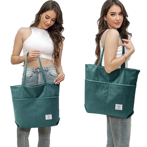 KALIDI Women Corduroy Tote Bag Zipper Casual Tote's Handbag Big Capacity Shoulder Bag with Pockets - color: D-blue