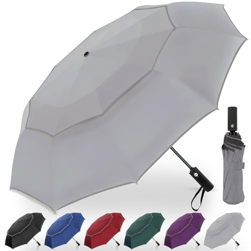 Satol Extra Large Golf Umbrella, 46/54/62 Inch Windproof 10 Ribs Vented Double Canopy Reflective Strips Automatic Open/Close Waterproof UV Protection Portable Compact Umbrella for Outdoor & Travel - color: Gray Round Handle, size: 62 Inch