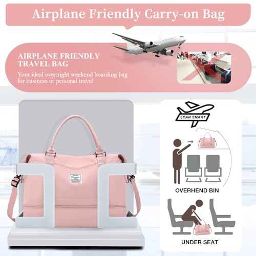 Weekender Bags for Women, Personal Item Travel Bag with Shoes Compartment - color: Pink, size: Large