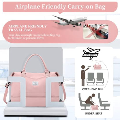 Weekender Bags for Women, Personal Item Travel Bag with Shoes Compartment - color: Pink, size: Large