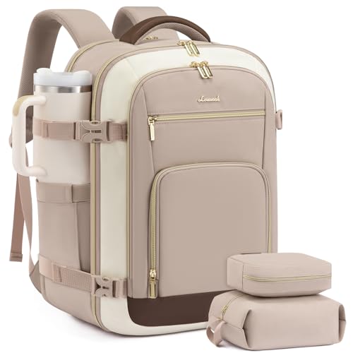 LOVEVOOK Travel Backpack For Women Flight Approved, 50L Carry On Backpack, TSA Personal Item Travel Bag for Airplanes Fit 18 Inch Laptop, Business Weekender Overnight Waterproof Daypack with 3 Cubes - color: Grayish Pink-beige-coffee, size: 50l-18 Inch-4p