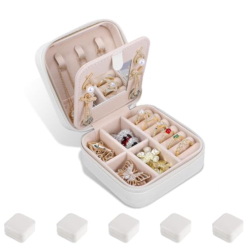 Travel Jewelry Case,Small Jewelry Box with Mirror,Gift for Girls Women - color: White-5pcs