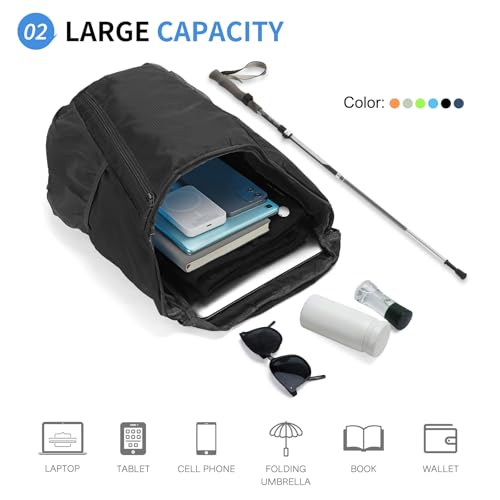 Hiking Backpack 20L Foldable Daypack for Men Women Nylon Black | Packable Backpack for Men Women, Small Foldable Day Pack Waterproof for Travel Camping Mountaineering - color: Black