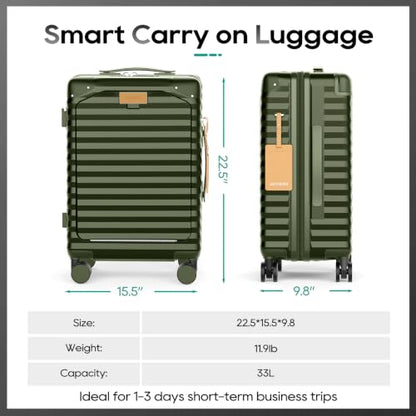Joyway 20 Inch Carry on Luggage with Front Pocket and Cup Holder, Green - color: Green