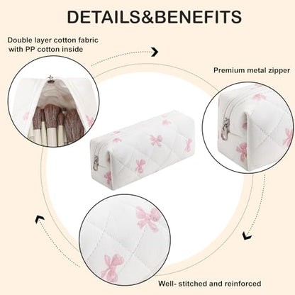 Cute Floral Makeup Brush Bag Small Cotton Quilted Cosmetic Bag for Women Travel Toiletry Zipper Make Up Pouch (Pink Small Bowknot) - color: Pink Small Bowknot