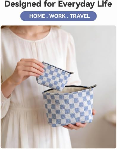 Gingham Canvas Makeup Bag Set Preppy Travel Makeup Pouch for Purse - color: Checkered Blue Canvas