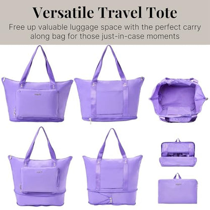 Baggallini Carryall Expandable Lightweight Travel Tote 22" Packable Folding Compact Nylon Washable Weekender w/Luggage Sleeve - color: Lavender Surf