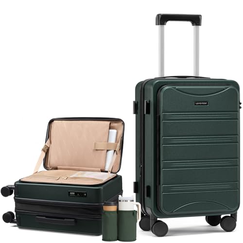 LOVEVOOK Carry On Luggage 20 Inch, Airline Approved Expandable Hard Shell Suitcase with Spinner Wheels, TSA Lock & Cup Holder, Fits Most Overhead Bins - color: Dark Green