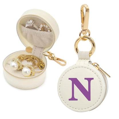 Mini Initial Travel Jewelry Case Ring Holder Gifts for Women Girls - color: Beige, size: Leather-N