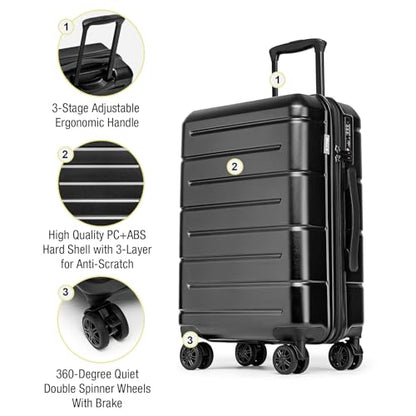 KYME 24 Inch Luggage TSA Approved Hardshell Suitcases with Spinner Wheels Durable PC+ABS Medium Checked Travel Luggage for Women Men - color: Black, size: Checked-Medium 24-Inch