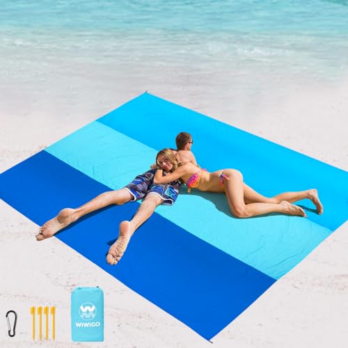 WIWIGO Beach Blanket Mat Waterproof Sandproof for 2-8 Adults Quick Drying - color: Bule-striped, size: 79" X 83"（1-4person）