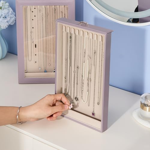 Lolalet Necklace Organizer Box, Jewelry Display Case, Purple, 2 Layers - color: Dusty Purple, size: 2 Layers, 20 Hooks
