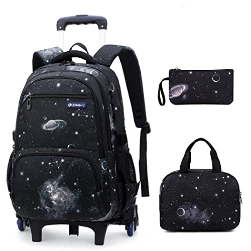 3Pcs Black Galaxy Boys Rolling Backpack Set with Insulated Lunch Bag, Multi-Pocket Trolley Elementary Bookbags School Bags on 6 Wheels - color: 3pcs-style B-galaxy-black