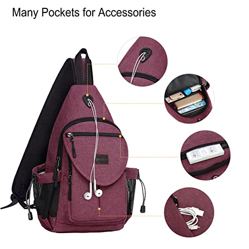 MOSISO Crossbody Sling Bag for Women, Shoulder Backpack, Hiking Daypack Bag - color: Wine Red