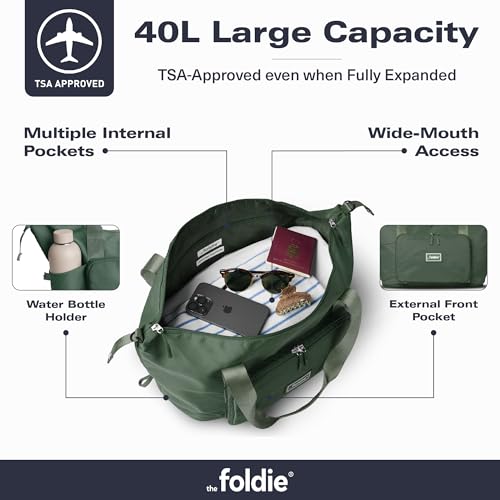 The Foldie Foldable Travel Bag for Women - 40L Weekender Bag with Multiple Pockets - Carry On Expendable Travel Bag - color: Army Green