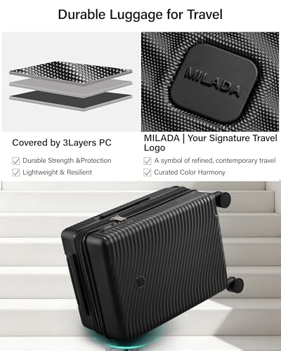 MILADA 24 Inch Expandable Checked Luggage, Hard Shell Medium Suitcase - color: Jet Black, size: Checked Medium 24 inch