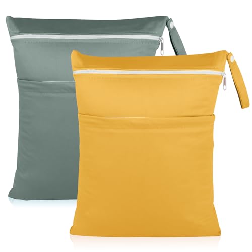 Angel Love Wet Bags, 2 Pack Baby Cloth Diaper Wet/Dry Bags with Two Zippered Pockets, Travel, Beach, Pool, Gym Bag for Swimsuits or Wet Clothes, Waterproof Washable Reusable, L216217 - color: Dark green and yellow