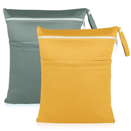 Angel Love Wet Bags, 2 Pack Baby Cloth Diaper Wet/Dry Bags with Two Zippered Pockets, Travel, Beach, Pool, Gym Bag for Swimsuits or Wet Clothes, Waterproof Washable Reusable, L216217 - color: Dark green and yellow