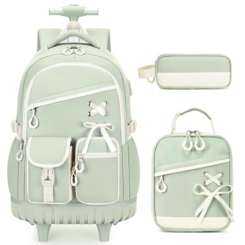DIGOBAY Rolling Backpack for Girls with Lunch Bag & Pencil Case - color: Green