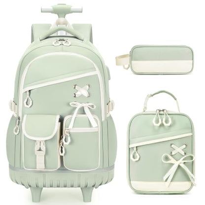 DIGOBAY Rolling Backpack for Girls with Lunch Bag & Pencil Case - color: Green