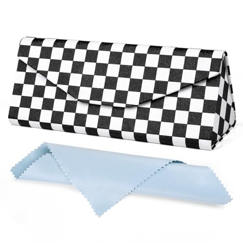 Sunglasses Case, Foldable Glasses Case, Magnetic PU Leather Hard Shell Folding Eyeglass Holder Box - color: Mosaic Grid