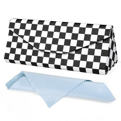 Sunglasses Case, Foldable Glasses Case, Magnetic PU Leather Hard Shell Folding Eyeglass Holder Box - color: Mosaic Grid