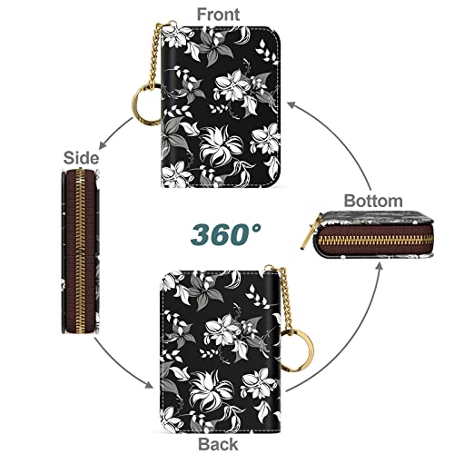 Nipichsha Women's Slim Leather RFID Wallet, Black Flower, Compact Size, 12-Slot with Zipper and Keychain - color: Black Flower