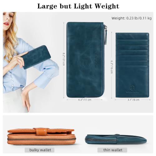 VISOUL Long Zipper Cash Wallet for Women with Removable Credit Card Holder Genuine Soft Leather-Blue - color: Blue