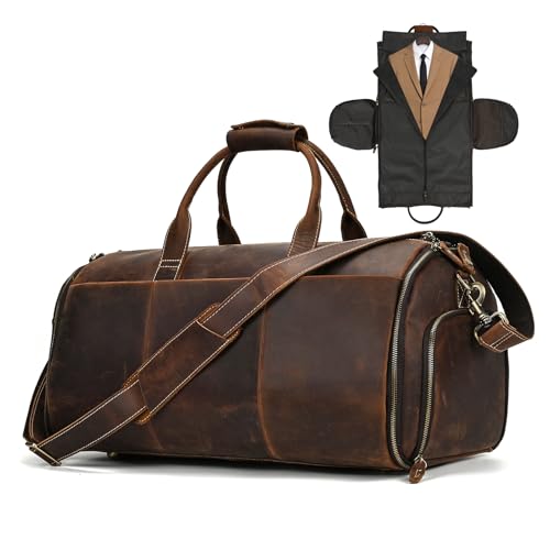 Full Grain Genuine Leather 2-in-1 Garment Dufflel Bag for Men Foldable Suit Carrier with Independent Shoe Compartment, Large Capacity Weekender Overnight Travel Bag for Business Trips, Coffee - color: Y2201FMY - Coffee