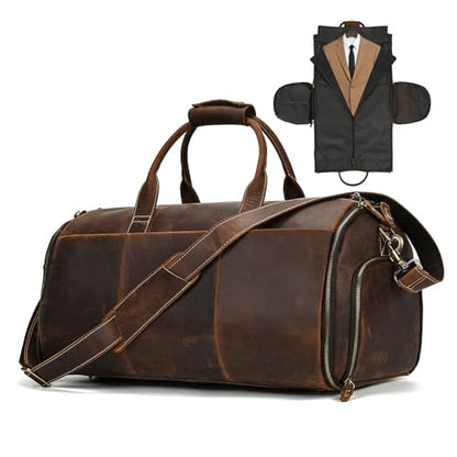 Full Grain Genuine Leather 2-in-1 Garment Dufflel Bag for Men Foldable Suit Carrier with Independent Shoe Compartment, Large Capacity Weekender Overnight Travel Bag for Business Trips, Coffee - color: Y2201FMY - Coffee