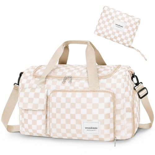 WOOMADA Foldable Travel Duffel Bag for Women, Weekender Bags with Shoes Compartment,Overnight Bag with Wet Pocket & Trolley Sleeve(beige checkerboard) - color: beige checkboard