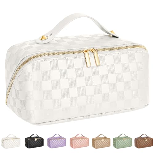 ALEXTINA Travel Makeup Bag, Checkered PU Leather Cosmetic Bag, White - color: white, size: Medium