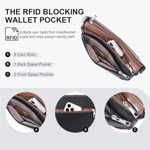 Crossbody Bag for Women, RFID Vegan Leather Medium Purse - color: Black With Brown