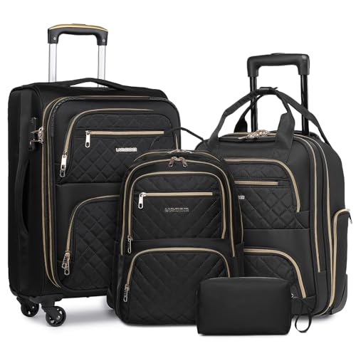 LARVENDER 4 Piece Luggage Set with Spinner Wheels - Expandable Softside Carry On Suitcase 22x14x9 Airline Approved, 16” 20" Carry On Luggage,TSA Lock, Black - color: Black(16/20/BP/TB), size: 4 Piece Set (16/20/BP/TB)