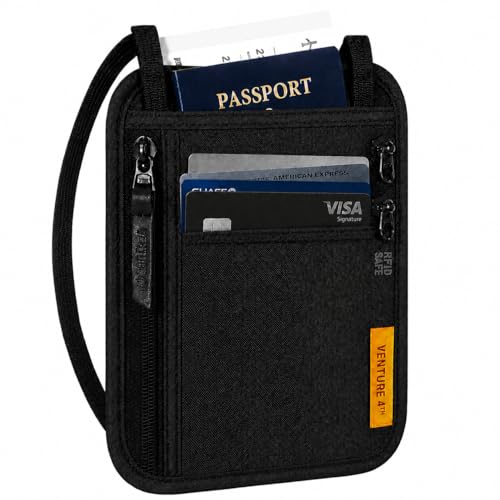 VENTURE 4TH Slim Neck Wallet, RFID Blocking Passport Holder - Black - color: Ebony