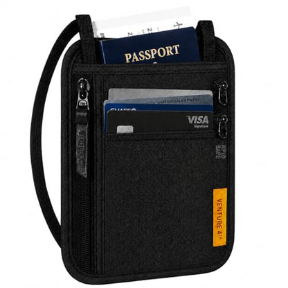 VENTURE 4TH Slim Neck Wallet, RFID Blocking Passport Holder - Black - color: Ebony