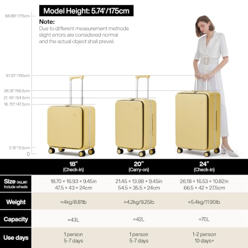 mixi Carry On Luggage, 20'' Suitcase with Front Pocket, Travel Rolling Luggage Aluminum Frame PC Hardside with Spinner Wheels & TSA Lock and Cover - Lark Yellow - color: Lark Yellow, size: 20-inch