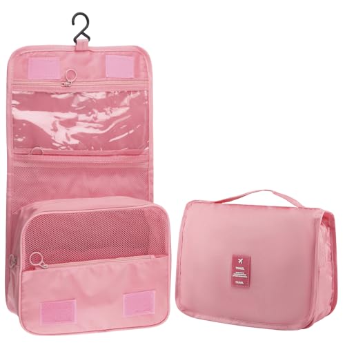 Hanging Toiletry Bag Travel Waterproof Makeup Organizer for Women Men(Pink) - color: Pink