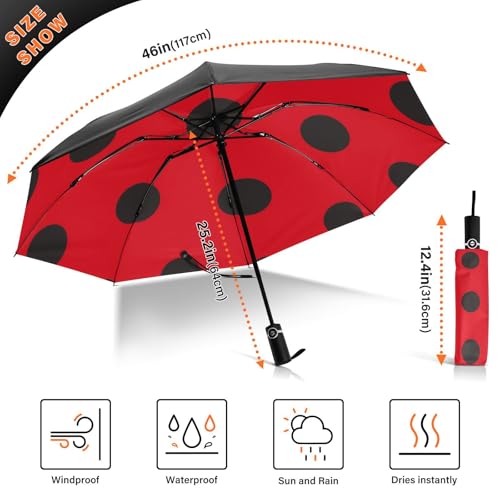 JIPONI Windproof Travel Umbrellas 01 - Large Compact Umbrella for Rain & Sun, Automatic Anti-UV Protection and Light Folding for Backpack & Car - color: Ladybug