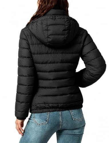 Packable Down Jacket Women Lightweight Quilted Puffer Coat Hooded Travel - color: Black, size: Large