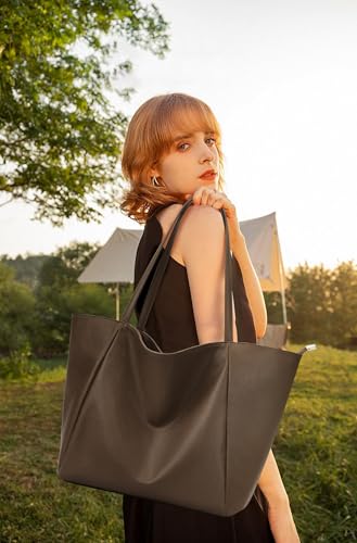 KALIDI Large Tote Bag Vegan Leather 16L Casual Zipper Work Weekender - color: Coffee Brown