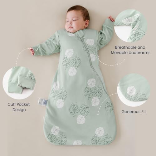 KaiyaBaby Organic Cotton Baby Sleep Sack, Long Sleeve 1.0 TOG, 6-18M - color: Monstera, size: 6-18M