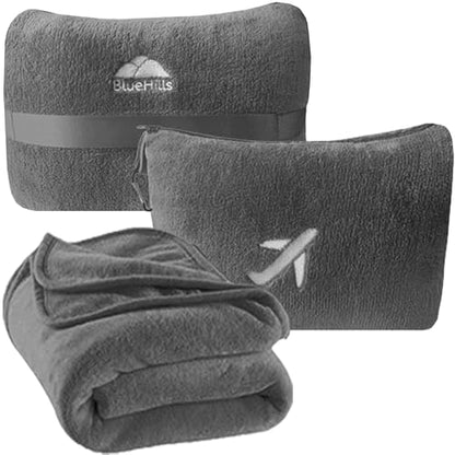 BlueHills Premium Soft Plush Mini Travel Blanket Pillow Plane 2 in 1 Gray | Luggage Belt & Backpack Clip, Compact Lightweight, Airplane Essentials, Zipper Case, Long Flight Traveling Throw, Small Bag - color: Gray-m01
