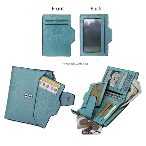 Women's RFID Blocking Leather Small Compact Bi-fold Zipper Pocket Wallet Card Case Purse with id Window - color: Lichee Gray Blue