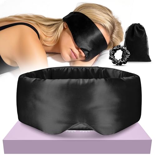 Silk Sleep Eye Mask & Hairband Set for Side Sleeper Women Men(Black) - color: Black