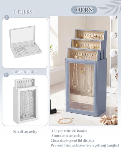 Huquary 3 Layer Vertical Necklace Organizer Box, Foggy Blue - color: Foggy Blue